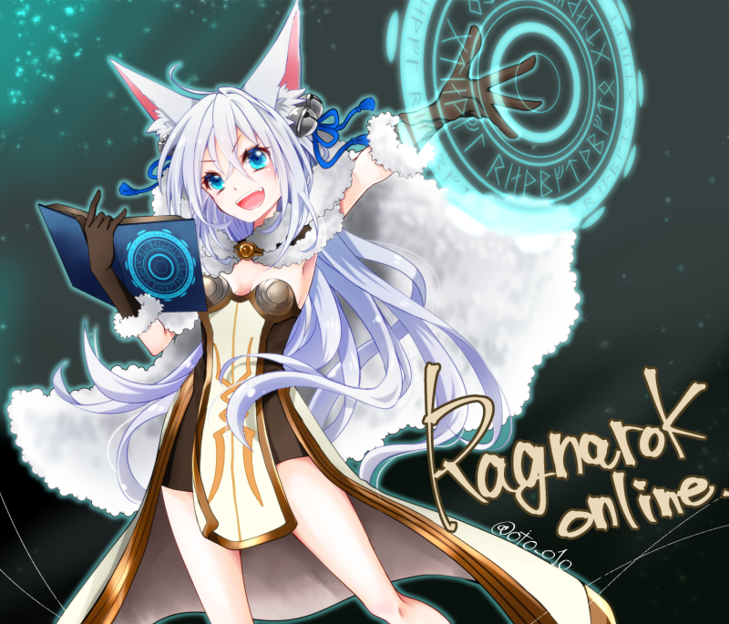 1girl :d animal_ear_fluff animal_ears bell blue_eyes blue_magic_circle blue_ribbon blush book breasts brown_dress brown_gloves cape copyright_name dress feet_out_of_frame fox_ears fox_girl fur-trimmed_gloves fur_cape fur_trim gloves grey_background hair_bell hair_between_eyes hair_ornament hair_ribbon high_wizard_(ragnarok_online) holding holding_book jingle_bell layered_dress long_bangs long_hair looking_at_viewer magic magic_circle magic_circle_floating_ahead_hand open_mouth oto_o10 ragnarok_online ribbon short_dress small_breasts smile solo strapless strapless_dress teeth two-tone_dress upper_teeth_only very_long_hair white_cape white_dress white_hair