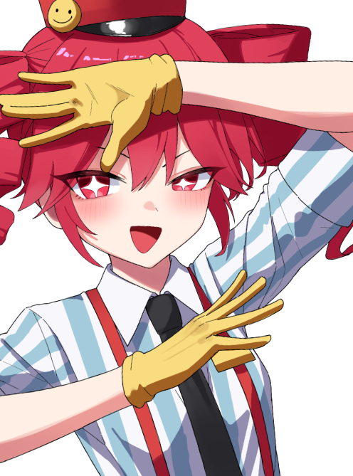 +_+ 1girl alternate_costume black_necktie blush drill_hair gloves hat hat_ornament hu2924 kasane_teto kasane_teto_(sv) mesmerizer_(vocaloid) name_tag necktie open_hands open_mouth red_hair red_hat red_suspenders shirt smiley_face solo striped_clothes striped_shirt synthesizer_v twin_drills utau vertical-striped_clothes vertical-striped_shirt yellow_gloves