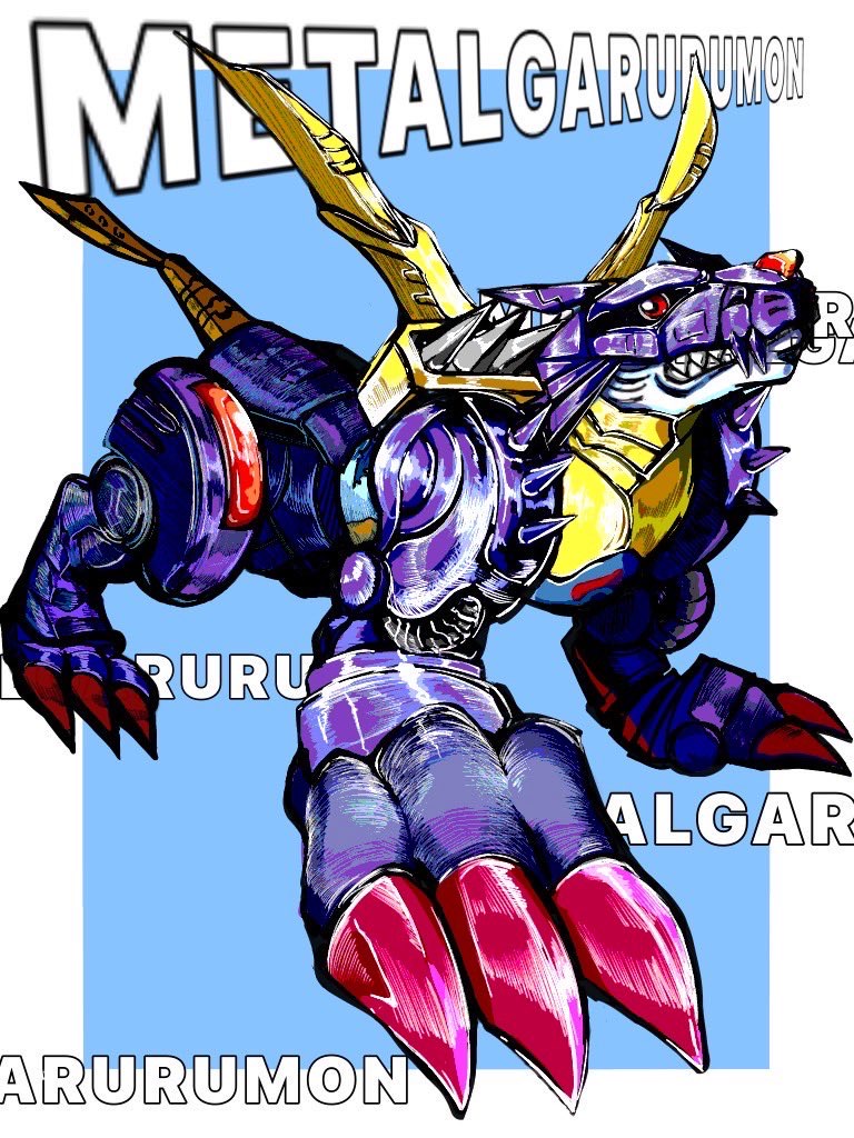 anpon00_0 armor blue_armor blue_background border character_name cyborg digimon digimon_(creature) full_body mechanical_wings metalgarurumon red_eyes sharp_teeth simple_background solo spikes teeth white_background white_border wings wolf