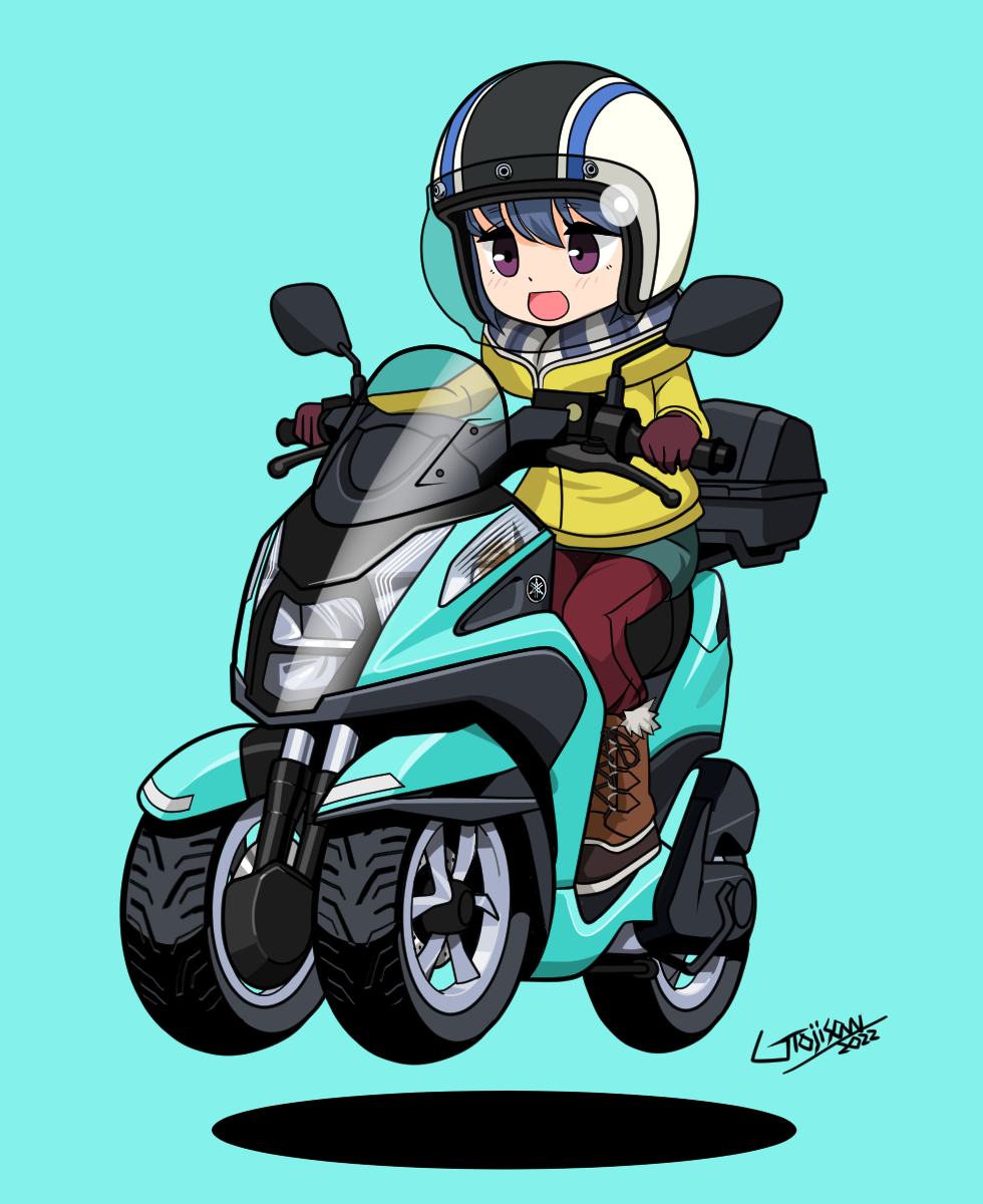 1girl :d chibi gloves gt_ojisan helmet highres jacket motor_vehicle motorcycle_helmet open_mouth purple_eyes reverse_trike riding shima_rin simple_background smile solo three-wheeler yamaha yamaha_tricity yurucamp