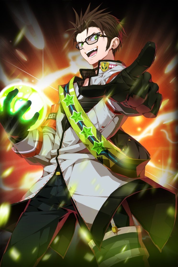 1boy ball black_gloves brown_hair comiccho eric_(soccer_spirits) glasses gloves glowing green_eyes image_sample jpeg_artifacts looking_at_viewer male_focus naver_sample open_mouth pointing sash soccer_spirits solo standing star_(symbol)