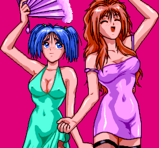 1990s_(style) 2girls anita_(basted) basted breasts cleavage dress covered_erect_nipples game multiple_girls pc_engine pixel_art raiza_(basted)