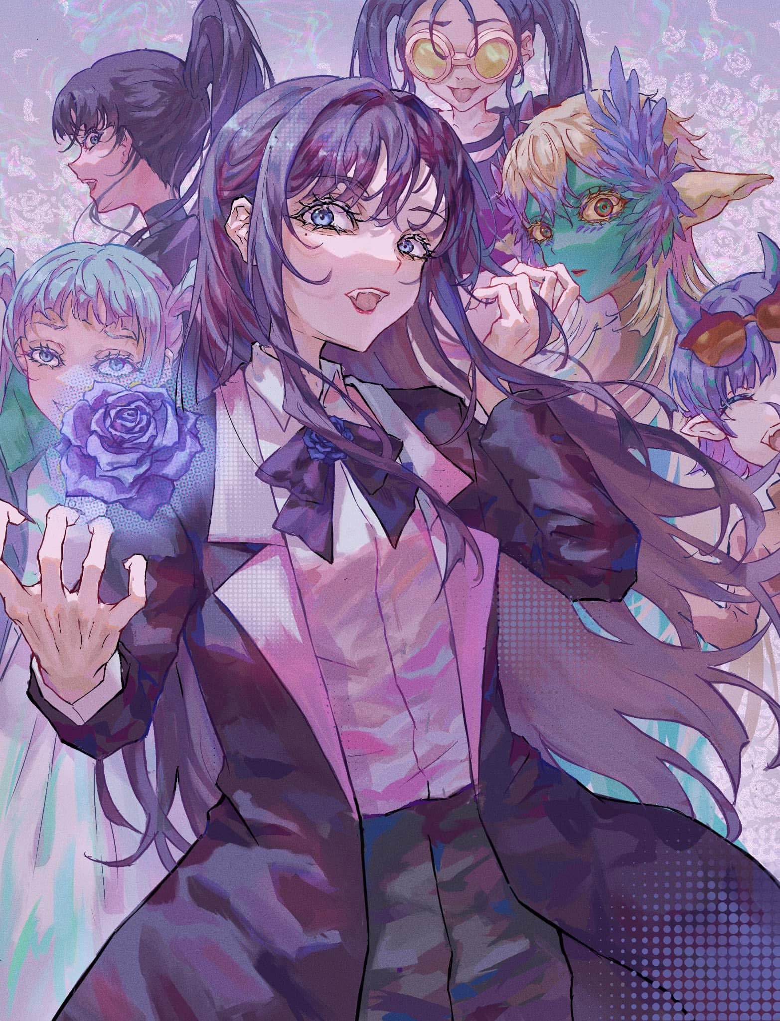 6+girls 832_krab ^_^ ado_(utaite) aqua_skin ashura-chan ashura-chan_(character) black_coat black_hair black_pants blue_eyes blue_flower blue_hair blue_rose blush brooch chando_(ado) closed_eyes coat collared_shirt colored_skin commentary dress_shirt elf elf_(ado) eyewear_on_head fangs flower flower_brooch hashtag-only_commentary highres long_hair long_sleeves mole mole_under_eye multiple_girls naima_(ado) odo-chan_(ado) odo_(song) open_clothes open_coat open_mouth pants pointy_ears ponytail rose rule-chan_(ado) rule_(ado) shirt sidelocks sunglasses teeth tinted_eyewear tongue tongue_out twintails upper_teeth_only usseewa utaite white_shirt yellow-tinted_eyewear