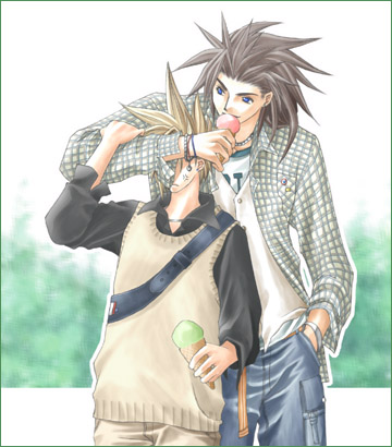 2boys alternate_costume anger_vein annoyed arm_up bad_id bag black_hair black_shirt blonde_hair blue_eyes bracelet brown_pants brown_sweater_vest cloud_strife collared_shirt commentary_request contemporary covering_another&#039;s_eyes day denim eating final_fantasy final_fantasy_vii foliage food food_in_mouth frown hand_in_pocket hand_on_another&#039;s_arm hand_up happy holding holding_food holding_ice_cream ice_cream ice_cream_cone jeans jewelry layered_shirt long_hair long_sleeves looking_to_the_side lowres male_focus multiple_boys necklace open_clothes open_shirt outdoors outline pants plaid_clothes plaid_shirt rendezvous shirt shoulder_bag smile spiked_hair standing sweater_vest thick_eyebrows upper_body vest white_outline white_shirt white_vest zack_fair