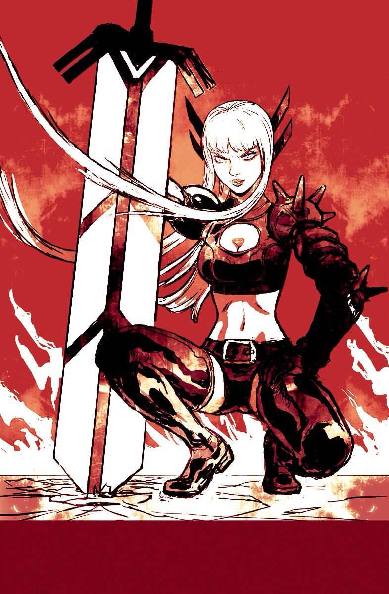 1girl animification belt black_gloves boots breasts cleavage cleavage_cutout clothing_cutout felipe_smith female_focus gloves hair_ornament highres lips long_hair magik magik_(x-men) marvel medium_breasts midriff navel oversized_object red_theme short_shorts shorts solo spikes squatting sword thigh_boots thighhighs weapon x-men