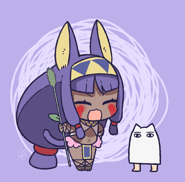 1girl 1other animal_ears cattail closed_eyes commentary_request dark-skinned_female dark_skin facial_mark fate/grand_order fate_(series) hairband holding jackal_ears long_hair low-tied_long_hair low-tied_sidelocks medjed_(fate) nael_van_darnus nitocris_(fate) open_mouth pelvic_curtain plant rkp sidelocks v-shaped_eyebrows very_dark_skin very_long_hair x_navel