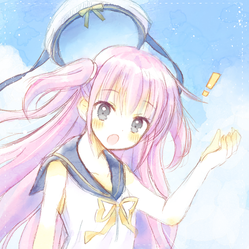! 1girl :o aiyan bare_shoulders black_ribbon blue_sailor_collar blue_sky blush commentary_request day dress floating_hair grey_eyes hair_between_eyes hand_up hat hat_ribbon katou_umi long_hair looking_at_viewer open_mouth outdoors pastel_colors pink_hair ribbon sailor_collar sailor_dress sky sleeveless sleeveless_dress solo straw_hat summer_pockets surprised two_side_up unworn_hat unworn_headwear upper_body very_long_hair white_dress white_hat yellow_ribbon