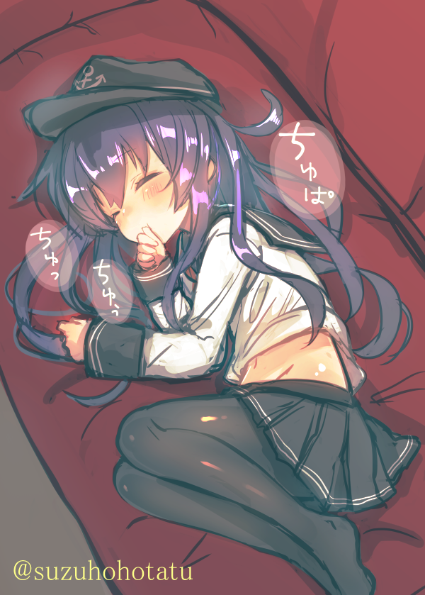 10s 1girl akatsuki_(kancolle) anchor_symbol bandana blush closed_eyes couch female_focus fetal_position flat_cap hat kantai_collection midriff no_shoes pantyhose pleated_skirt red_upholstery sailor_collar school_uniform serafuku skirt sleeping solo suzuho_hotaru thumb_sucking twitter_username