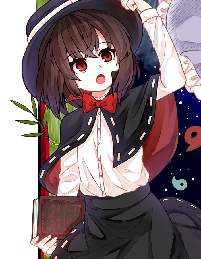 2girls bamboo black_cape black_headwear black_skirt book bow bowtie brown_hair cape dress holding holding_book long_sleeves looking_up maribel_hearn multiple_girls night night_sky open_mouth pink_dress red_bow red_bowtie red_eyes shirt skirt sky touhou usami_renko white_shirt zetsumame