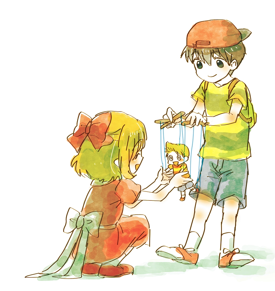 1boy 1girl ^_^ backpack backwards_hat bag baseball_cap black_eyes black_hair blonde_hair bow character_doll closed_eyes commentary_request control_bar doll dress hachi78b hair_bow hat lucas_(mother_3) marionette mother_(series) mother_2 mother_3 ness_(mother_2) nintendo open_mouth paula_(mother_2) pink_dress puppet puppet_strings red_hat shirt smile socks striped_clothes striped_shirt white_socks yellow_shirt