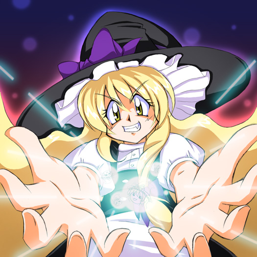 1990s_(style) 1girl anime_coloring blonde_hair fang female_focus grin hat kirisame_marisa long_hair magic parody slayers smile solo style_parody touhou tri witch witch_hat yellow_eyes yukkuri_shiteitte_ne