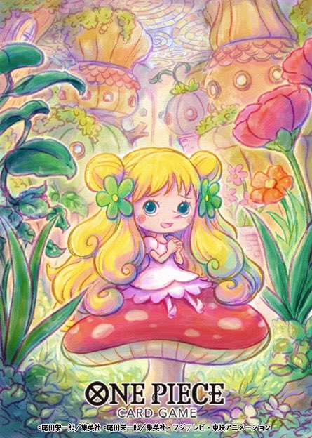 1girl aqua_eyes blonde_hair blush_stickers commentary_request copyright_name dress flower flower_ornament grass mansherry_(one_piece) mini_person minigirl on_mushroom one_piece palms_together plant poppy_(flower) sitting_on_mushroom smile solo sowsow twintails white_dress