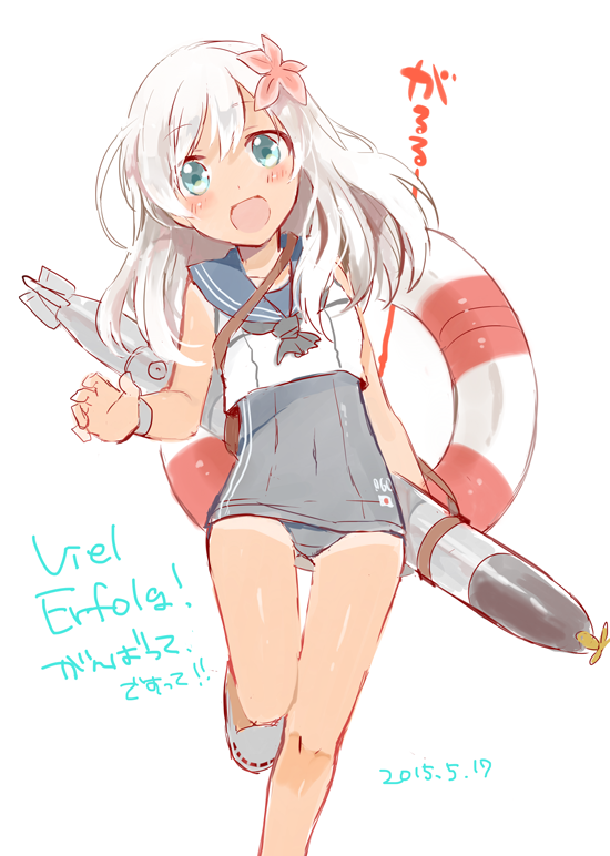 1girl anbutter_siruko blonde_hair blue_eyes blush crop_top dated female_focus flower hair_flower hair_ornament japanese_flag kantai_collection lifebuoy long_hair looking_at_viewer one-piece_swimsuit one-piece_tan ro-500_(kancolle) sailor_collar school_swimsuit school_uniform smile solo swim_ring swimsuit swimsuit_under_clothes tan tanline torpedo