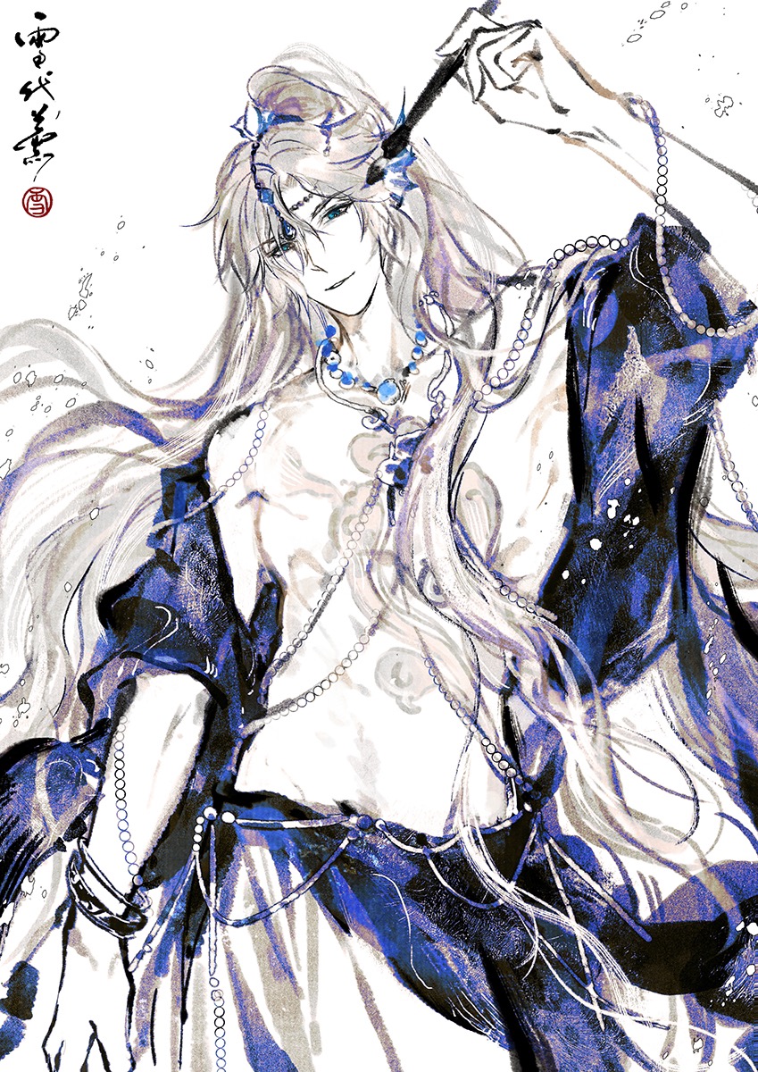 1boy aqua_eyes arm_at_side beads blue_ribbon blue_sash blue_shawl bracelet cowboy_shot curtained_hair falling_petals fins grey_hair hair_between_eyes hair_ribbon half_updo hand_up head_chain head_fins high_ponytail highres holding holding_paintbrush jewelry lars_rorschach limited_palette long_hair looking_at_viewer lovebrush_chronicles male_focus necklace official_alternate_hair_color paintbrush parted_lips pendant petals ponytail ribbon sash seal_impression shawl smile solo topless_male waist_cape white_background xiao_guan_(headdress) xuedaixun