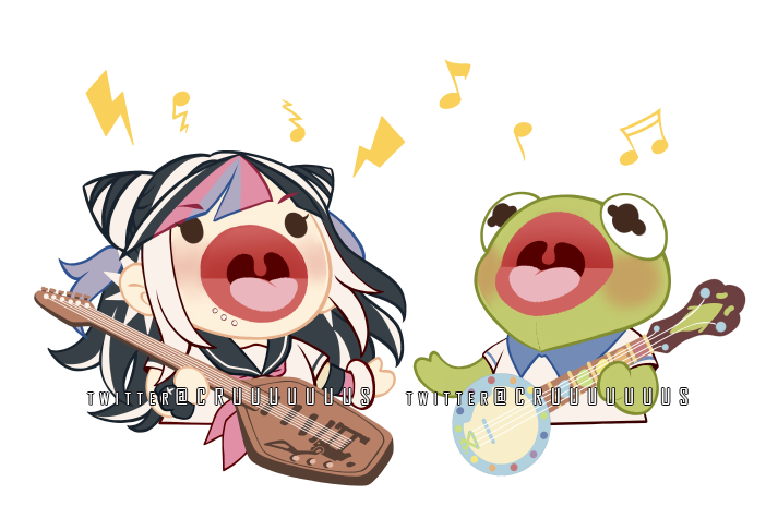 1girl beamed_eighth_notes big_mouth black_hair blue_hair chibi commentary criis-chan cropped_torso danganronpa_(series) danganronpa_2:_goodbye_despair ear_piercing eighth_note english_commentary guitar hair_horns holding instrument kermit_the_frog long_hair mioda_ibuki multicolored_hair muppets musical_note open_mouth piercing pink_hair polo_shirt shirt solo tongue twitter_username two-tone_hair white_hair white_shirt