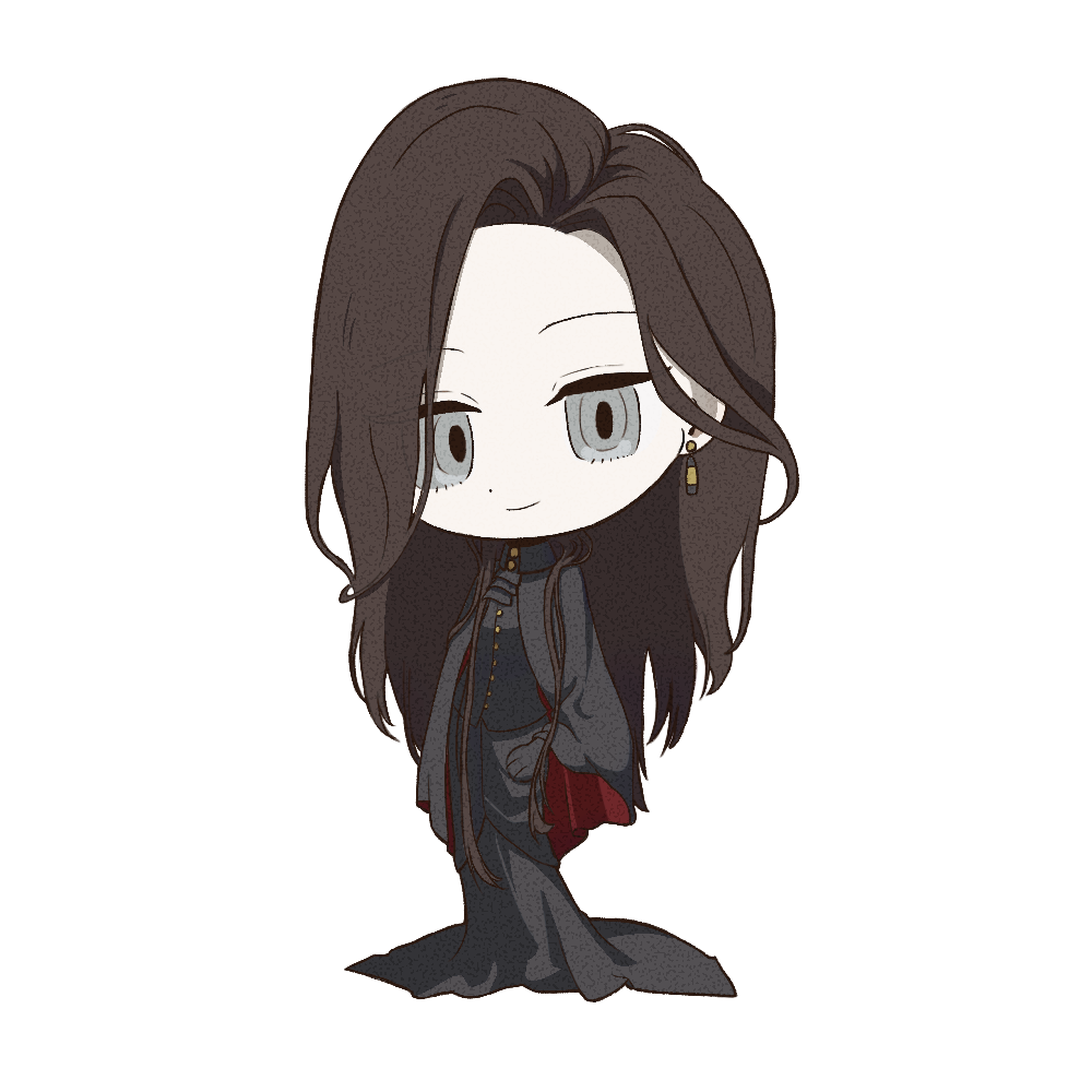 1girl black_cape black_gloves black_shirt black_skirt brown_hair cape chibi earrings full_body gloves grey_eyes jewelry long_hair long_skirt pale_skin reverse:1999 shirt skirt smile solo standing thiepriest transparent_background valentina_(reverse:1999)