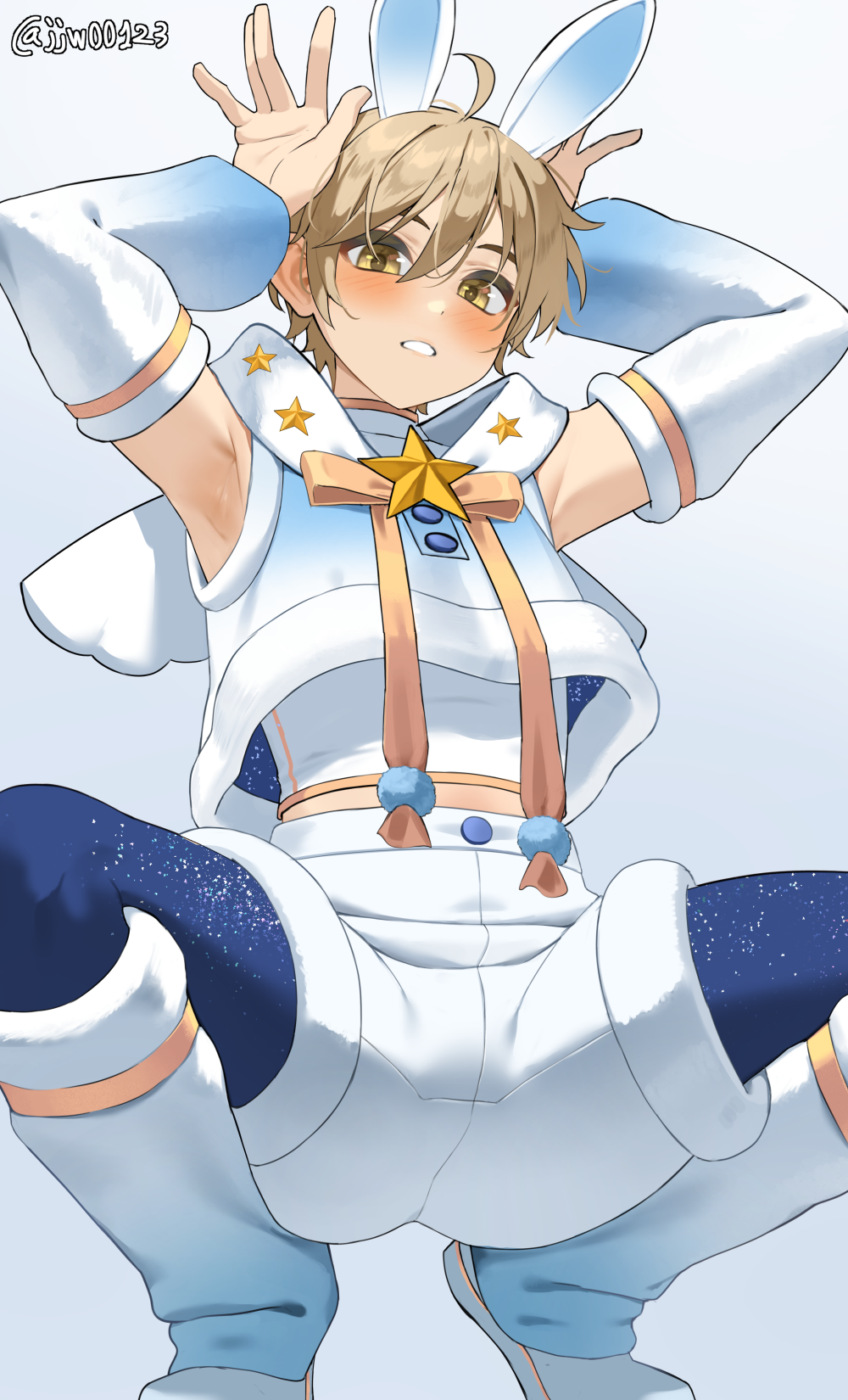 1boy ahoge armpits arms_up artist_name blue_background blue_boots blush boots commentary detached_sleeves ensemble_stars! g1_(jjw00123) gradient_background gradient_boots highres long_sleeves looking_at_viewer male_focus mashiro_tomoya midriff_peek paid_reward_available parted_lips rabbit_pose shirt short_hair shorts sleeveless sleeveless_shirt solo squatting twitter_username white_background white_boots white_shirt white_shorts white_sleeves yellow_eyes