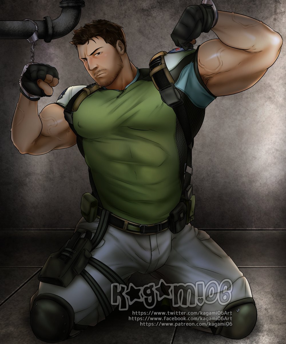 1boy artist_name bara black_gloves black_hair blush bound bound_wrists chris_redfield closed_mouth cuffs facial_hair fingerless_gloves gloves green_shirt grey_pants handcuffs highres kagami06art kneeling large_pectorals looking_at_viewer male_focus muscular muscular_male paid_reward_available pants patreon_username pectorals resident_evil resident_evil_5 restrained shirt short_hair solo twitter_username