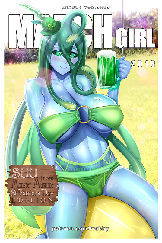 1girl beer_mug breasts cup english_text fence grass green_eyes hat krabbytheartist large_breasts monster_girl monster_musume_no_iru_nichijou mug patreon_username pole slime_girl saint_patrick&#039;s_day suu_(monster_musume) swimsuit tentacle_hair top_hat tree