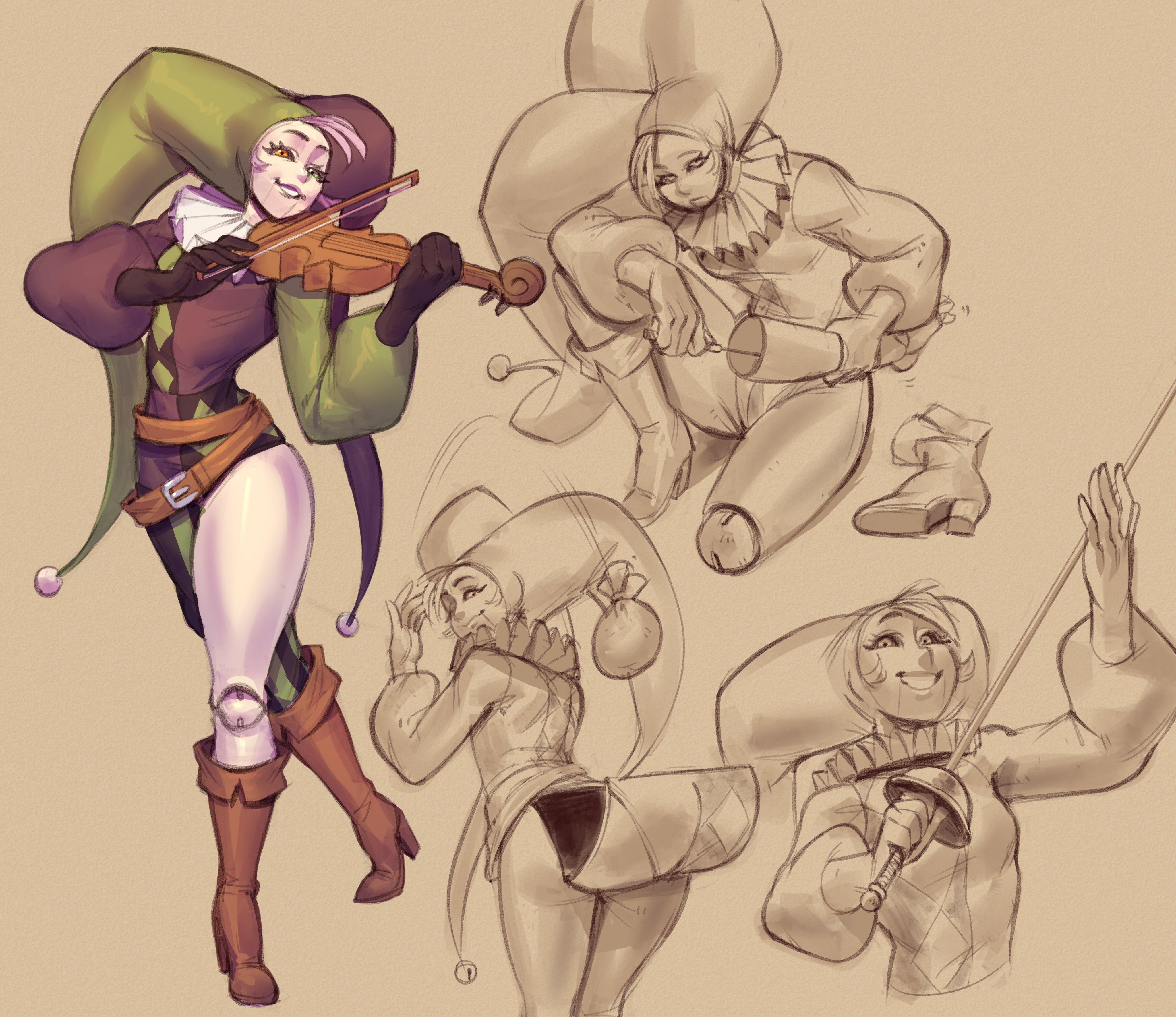 1girl absurdres ass belt black_gloves black_hat boots brown_belt brown_boots full_body gloves green_eyes green_hat green_jacket hat highres holding holding_sword holding_weapon instrument jacket jester_cap knee_boots multiple_views music ocorvo_r original playing_instrument simple_background smile sword teeth violin weapon