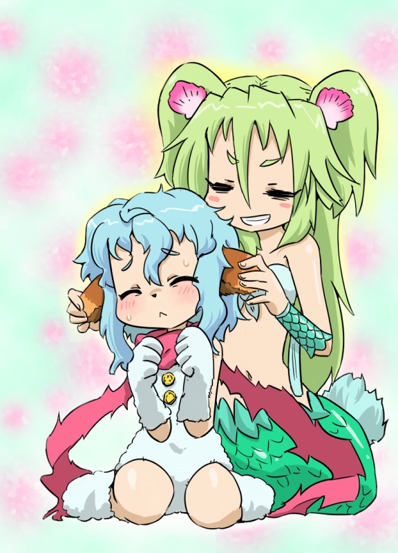 2girls :&lt; =_= animal_ears ear_fondling fins fish_tail fluff green_hair grin hair_ornament long_hair mermaid monster_girl multiple_girls muromi-san namiuchigiwa_no_muromi-san ohyo seashell shell smile tail twintails two_side_up yeti_(muromi-san)