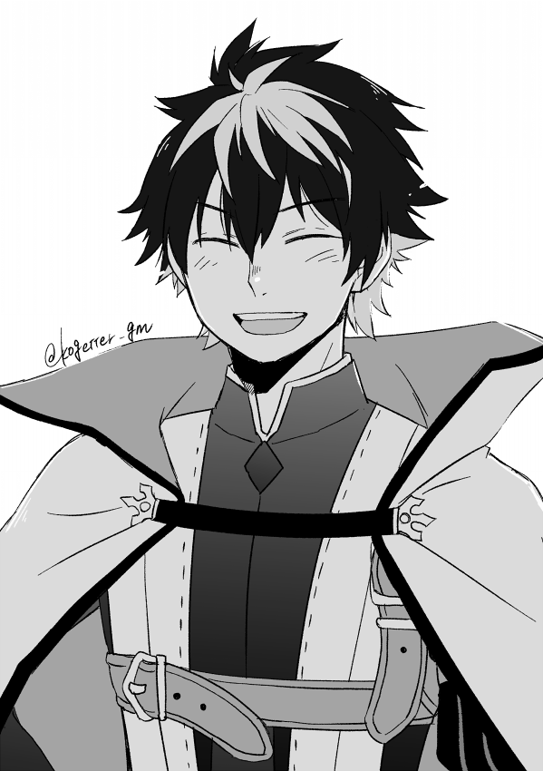 1boy belt cape charlemagne_(fate) charlemagne_(first_ascension)_(fate) closed_eyes commentary_request fate/extella fate/extella_link fate/extra fate_(series) greyscale male_focus monochrome moonlight_0423 multicolored_hair open_mouth smile solo streaked_hair twitter_username two-tone_hair