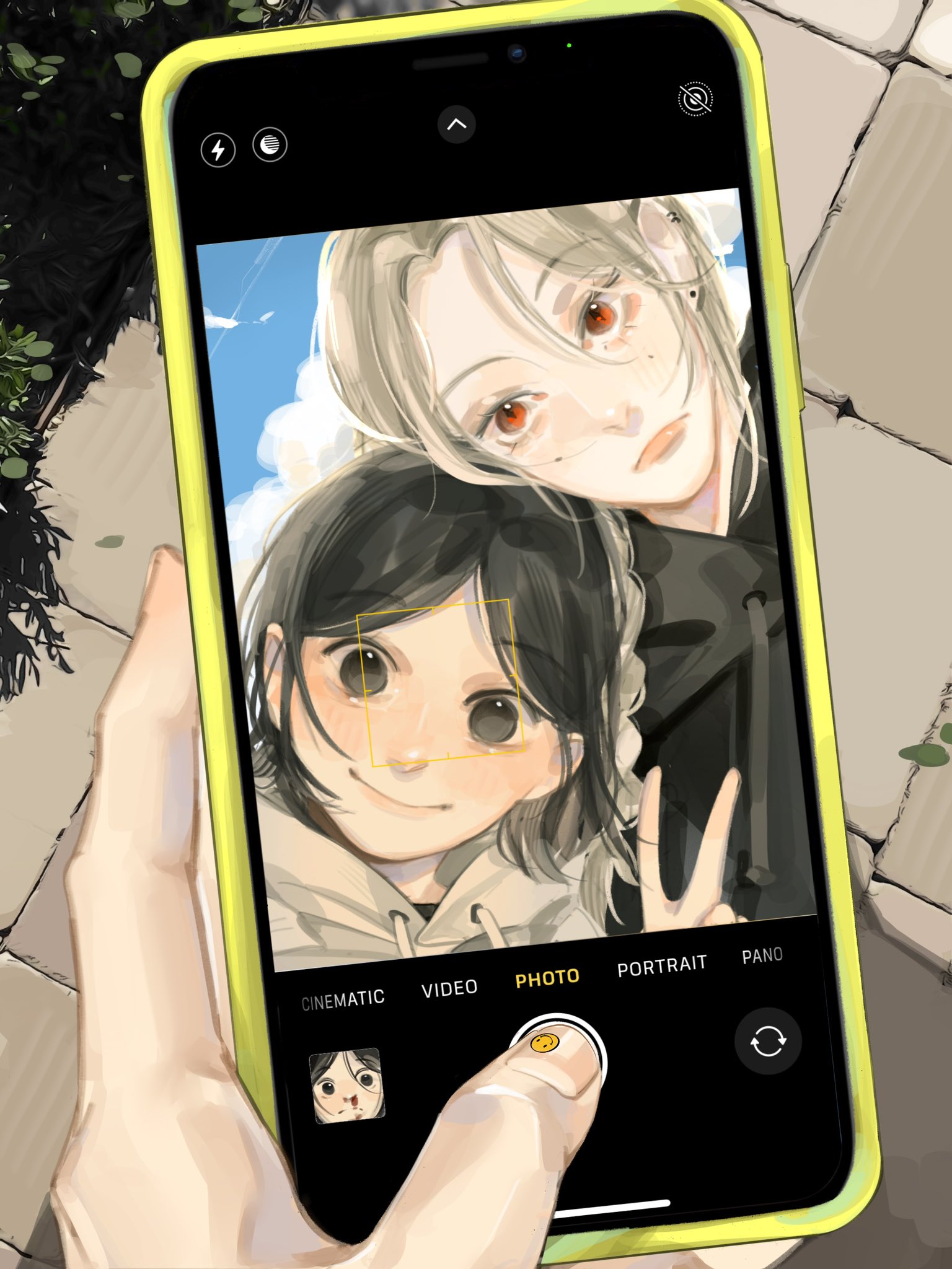 1boy 1girl black_eyes black_hair black_hoodie blonde_hair bob_cut closed_mouth commentary highres holding holding_phone hood hoodie luca_(nnaramonn) mole nnaramonn original phone red_eyes selfie sidelocks symbol-only_commentary taking_picture v white_hoodie yuki_(nnaramonn)