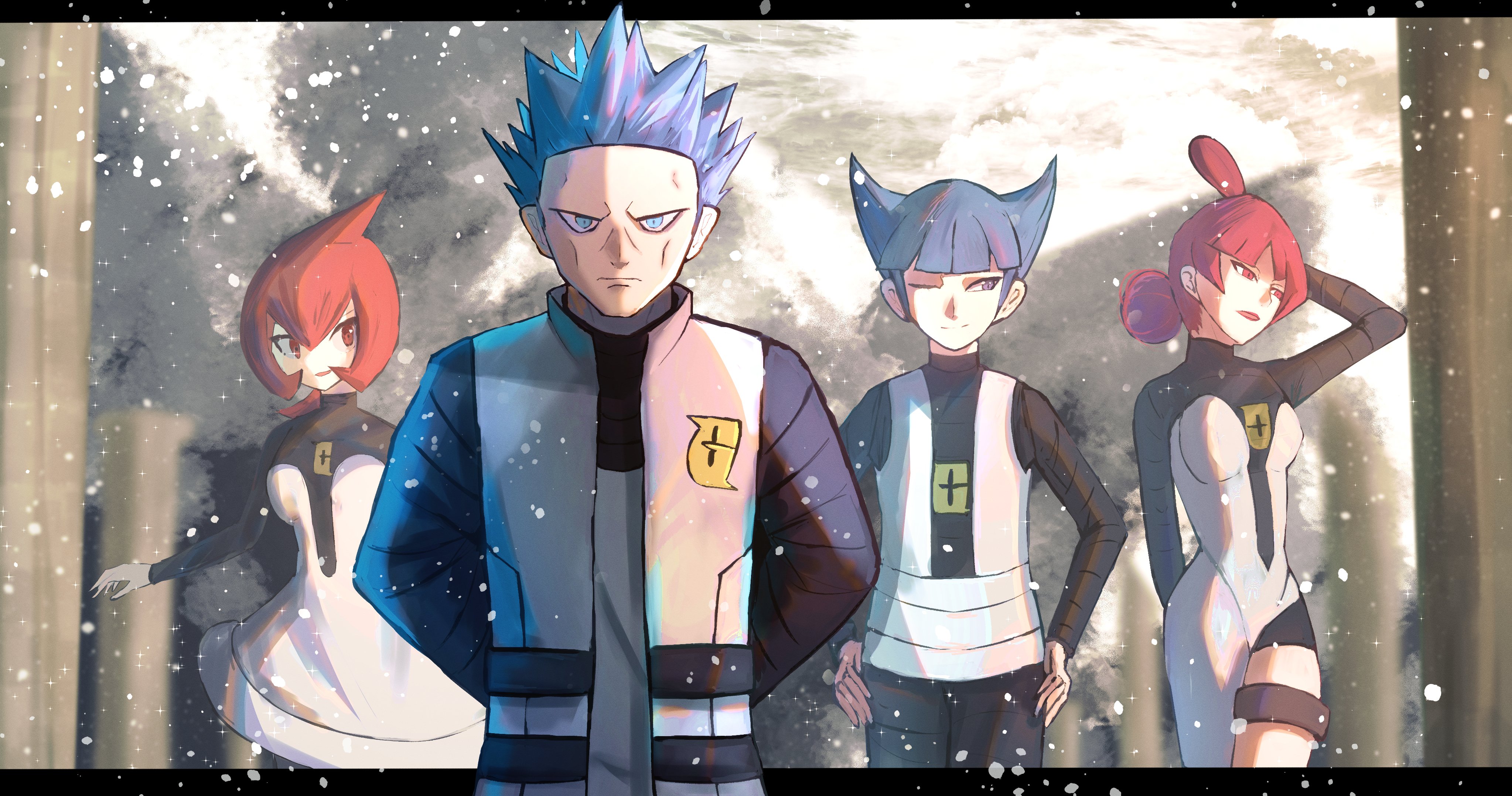 2boys 2girls absurdres arm_behind_head arms_behind_back blue_eyes blue_hair creatures_(company) cyrus_(pokemon) facing_viewer game_freak highres jacket jupiter_(pokemon) looking_at_viewer looking_to_the_side mars_(pokemon) multiple_boys multiple_girls nintendo one_eye_closed open_clothes open_jacket pokemon pokemon_dppt red_eyes red_hair saturn_(pokemon) short_hair team_galactic team_galactic_uniform zeroartwo