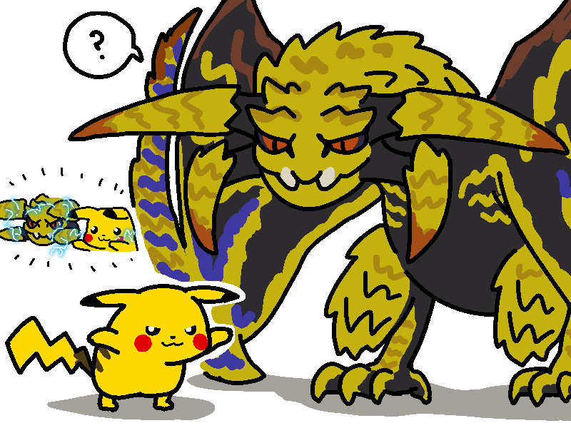 ? animal_ears claws crossover dragon electricity game_freak gen_1_pokemon gold_scales horns jazz_jack monster monster_focus monster_hunter_(series) monster_hunter_wilds nintendo no_humans pikachu pikachu_ears pokemon pokemon_(creature) rey_dau scales sharp_teeth simple_background smile spiked_wings tail teeth wings wyvern