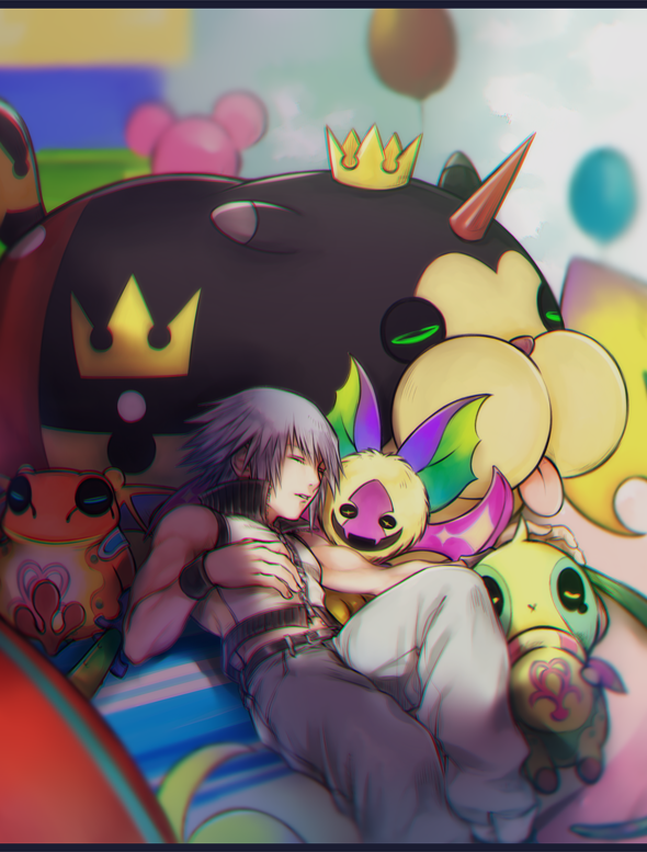 1boy armband balloon bare_shoulders black_armband blue_pants closed_eyes commentary_request crown denim grey_hair horns jeans kingdom_hearts kingdom_hearts_3d:_dream_drop_distance koumori_bat lying male_focus mim_(mimya0600) on_back pants riku_(kingdom_hearts) shirt short_hair single_horn sleeping sleeveless sleeveless_shirt solo tongue tongue_out wondernyan_(kingdom_hearts) zipper zipper_pull_tab