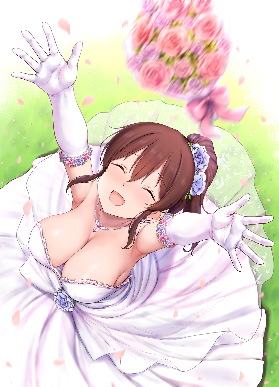 1girl armpits arms_up bare_shoulders blush bouquet breasts bride brown_hair cai_geng cleavage closed_eyes collarbone dress elbow_gloves flower from_above gloves hair_between_eyes hair_flower hair_ornament highres idolmaster idolmaster_million_live! jewelry large_breasts long_hair necklace open_mouth ponytail ring rose satake_minako smile solo strapless strapless_dress throwing wedding_dress wedding_ring white_dress white_gloves