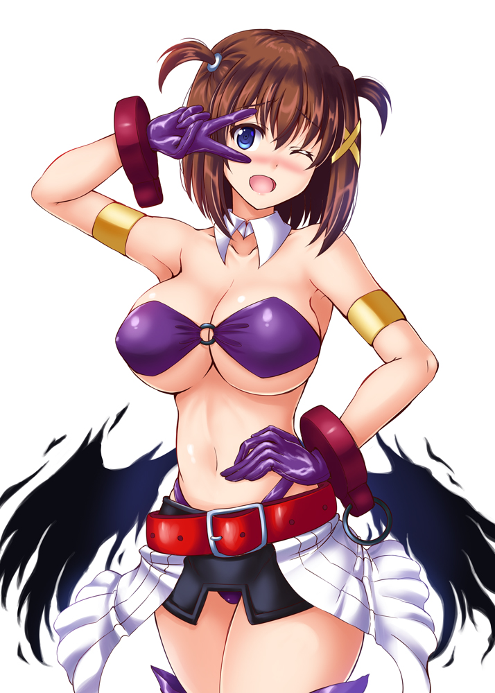 1girl ;d agito_(nanoha) agito_(nanoha)_(cosplay) armlet bad_id bad_pixiv_id bandeau belt bikini blue_eyes blush breasts cleavage collarbone commentary_request cosplay female_focus gloves hand_on_own_chest highleg highleg_panties jewelry large_breasts looking_at_viewer lyrical_nanoha magical_girl midriff navel o-ring one_eye_closed open_mouth panties purple_gloves purple_panties shiny_skin short_hair short_twintails simple_background skirt smile solo standing swimsuit thighhighs thong twintails two_side_up underboob underwear utanone_shion v v_over_eye white_background yagami_hayate