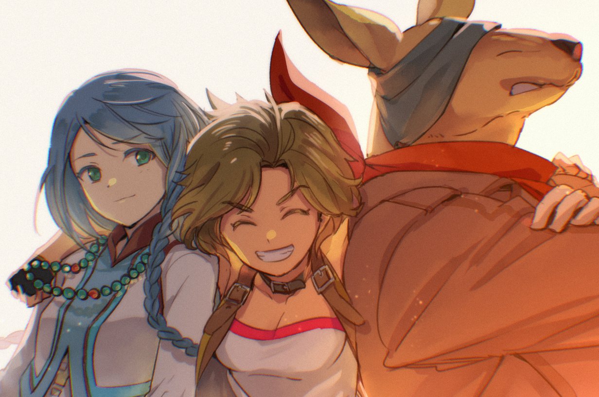 bandage_over_one_eye blue_hair brown_hair cj_(eiyuden_chronicle) clenched_teeth closed_eyes eiyuden_chronicle:_hundred_heroes eiyuden_chronicle_rising garoo grimace hand_on_another&#039;s_shoulder isha_(eiyuden_chronicle) jewelry kangaroo necklace short_hair smile sugikiyu teeth white_background
