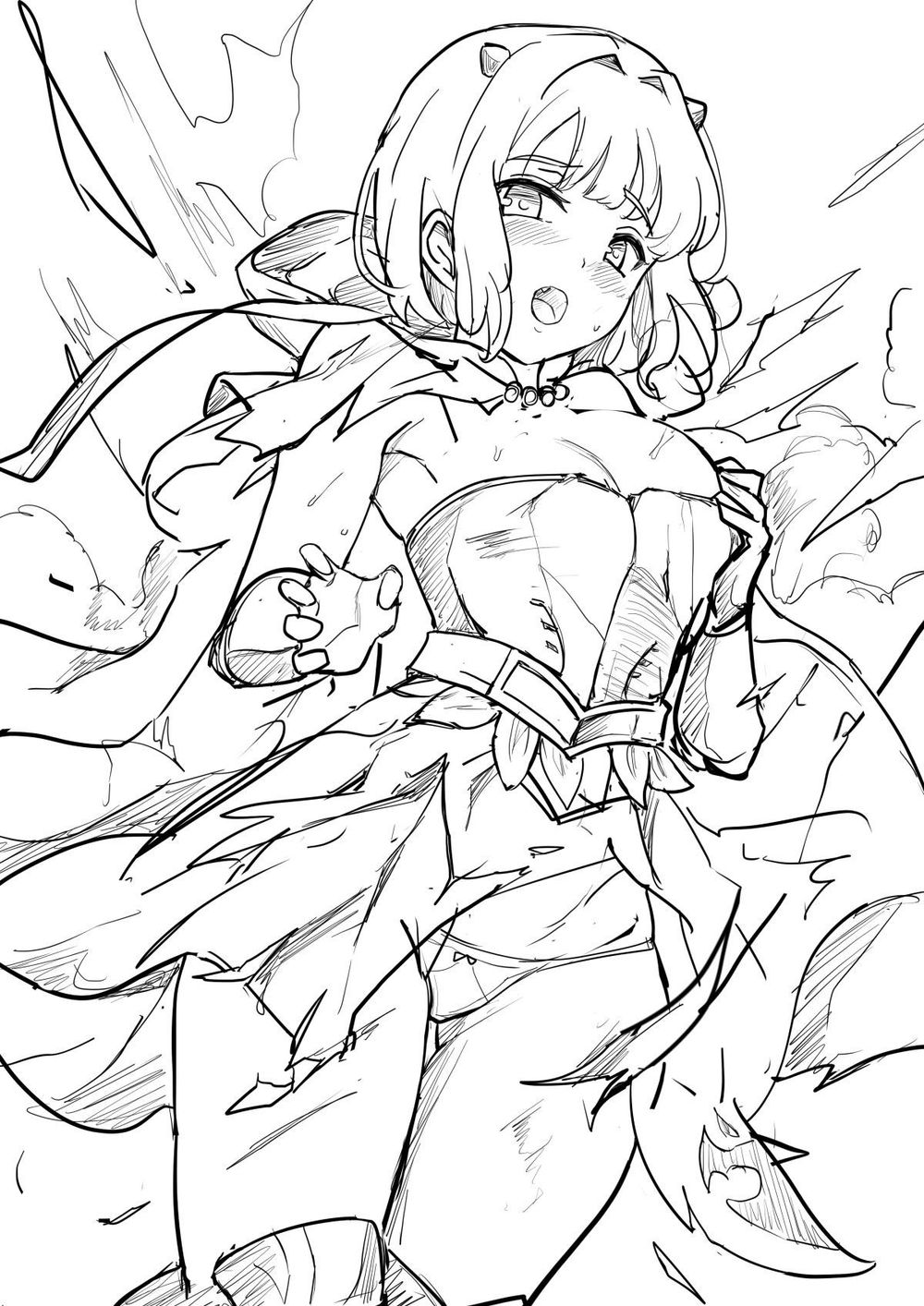 1girl armor armpits blush breasts brown_dust_(series) brown_dust_2 chest_armor cleavage cloak exploding_clothes eyebrows_hidden_by_hair fang gloves gluteal_fold greaves greyscale hand_on_own_chest highres hood hooded_cloak jewelry justia_(brown_dust) justia_(white_reaper)_(brown_dust) large_breasts looking_at_viewer monochrome necklace open_mouth panties pearl_necklace short_hair simple_background sketch smoke solo sweat torn_clothes underwear vambraces white_background yougenko