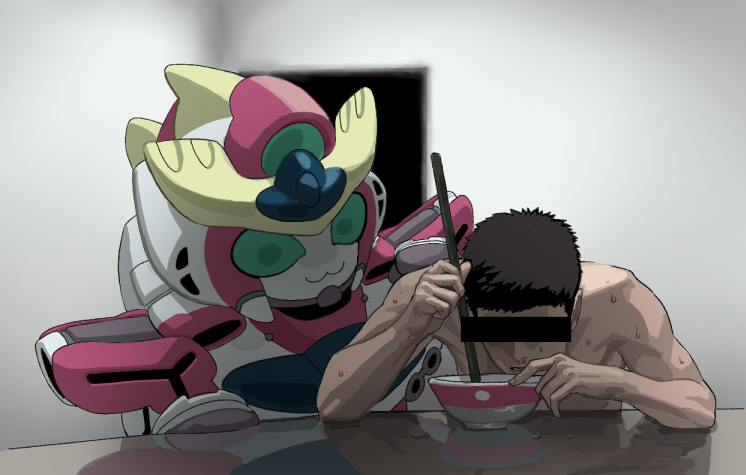 1boy 1other ao_isami bar_censor blank_room_soup bowl bravern censored censored_identity commentary eating holding indoors robot short_hair xylo_bee yuuki_bakuhatsu_bang_bravern
