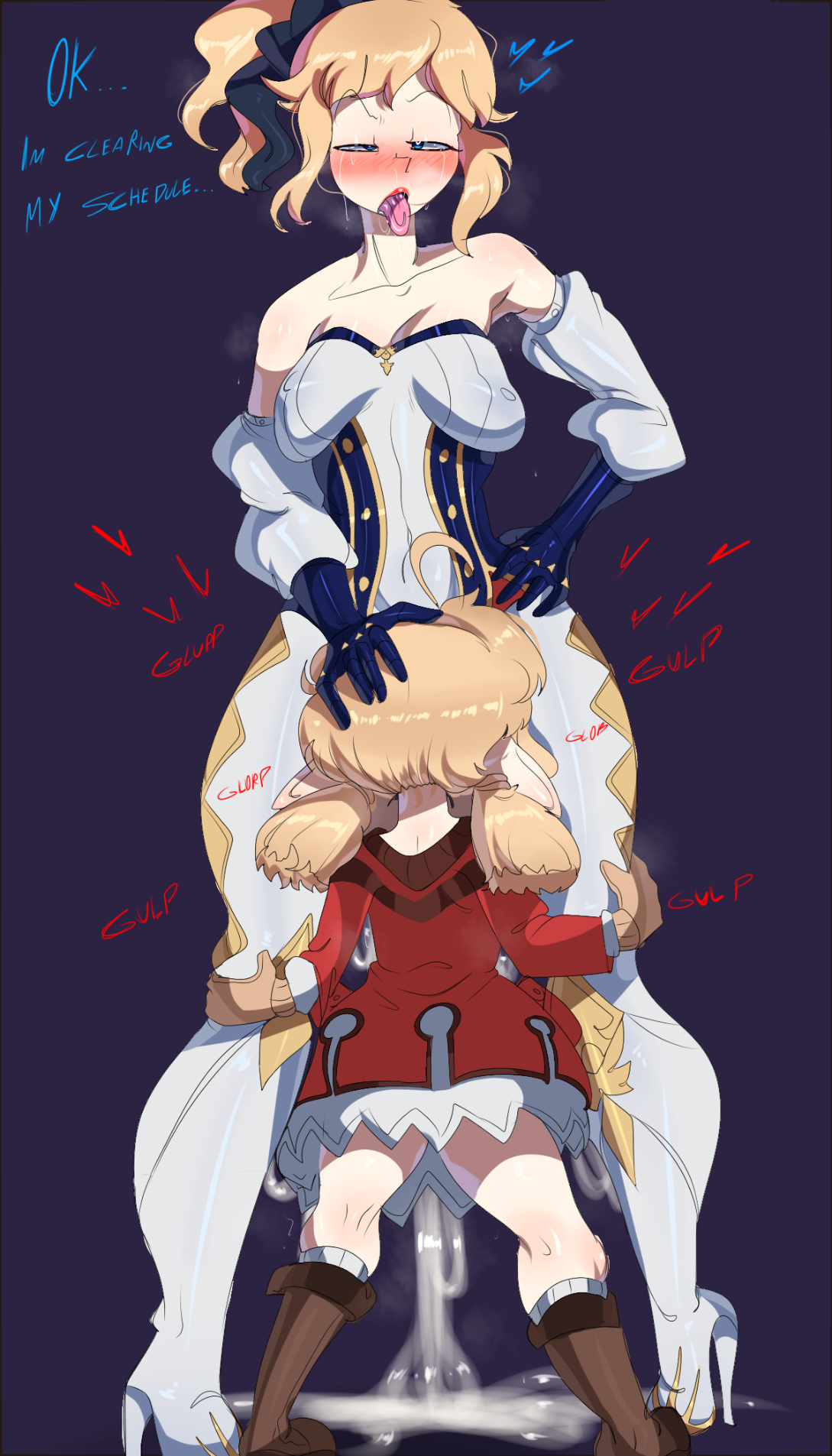 tayuri, jean (genshin impact), klee (genshin impact), genshin impact,  highres, 1futa, 1girl, ahoge, bare shoulders, blonde hair, blue eyes,  blush, boots, breasts, clothed sex, collarbone, cum, cum in mouth, cum  overflow, detached