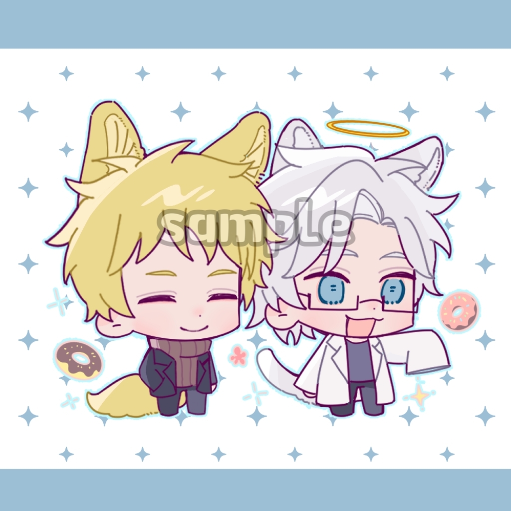 2boys :3 animal_ears artist_request atou_haruki black_pants black_shirt blonde_hair blue_eyes brown_sweater cat_boy cat_ears cat_tail chibi chibi_only closed_eyes closed_mouth commission donut food fox_boy fox_ears fox_tail glasses halo hand_in_pocket jacket kanou_aogu kemonomimi_mode lapels long_sleeves male_focus multiple_boys no_sclera notched_lapels open_clothes open_jacket open_mouth pants rectangular_eyewear ribbed_sweater saibou_shinkyoku sample_watermark second-party_source semi-rimless_eyewear shirt short_hair sleeves_past_fingers sleeves_past_wrists smile sweater tail turtleneck turtleneck_sweater variant_set watermark white_hair