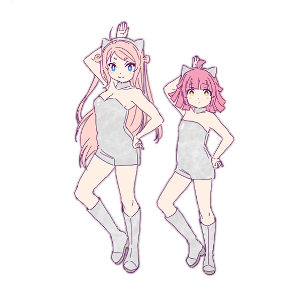 2girls ahoge animal_ear_hairband animal_ears arm_up bare_shoulders blue_eyes boots breasts cat_ear_hairband cat_ears cleavage closed_mouth commentary_request dot_mouth expressionless fake_animal_ears full_body grey_boots grey_hairband grey_jumpsuit hairband hand_on_own_hip jumpsuit kishimen_hair knee_boots looking_at_viewer love_live! love_live!_nijigasaki_high_school_idol_club medium_breasts medium_hair multiple_girls pink_hair shinanoya_(satanicad) short_jumpsuit simple_background small_breasts smile strapless_jumpsuit tennoji_rina two_side_up ufo_day white_background yellow_eyes zhong_lanzhu