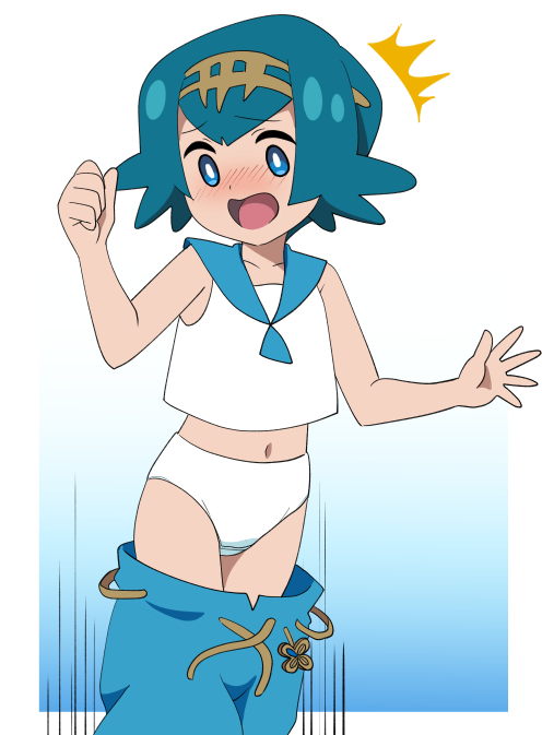 1girl assisted_exposure blue_eyes blue_hair blue_pants blush clothes_pull creatures_(company) embarrassed game_freak lana_(pokemon) navel nintendo non-web_source panties pants pants_pull pantsing pokemon shirt sleeveless sleeveless_shirt underwear white_panties yume_yoroi