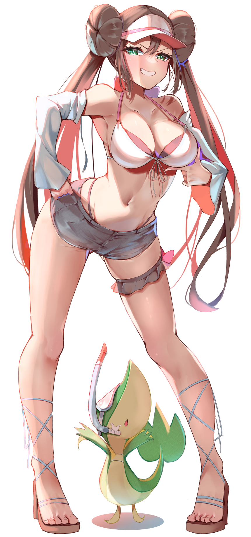 alternate_costume breasts full_body gen_5_pokemon highres large_breasts momdy_(talesshinja) nintendo pokemon pokemon_(creature) pokemon_bw2 rosa_(pokemon) snivy