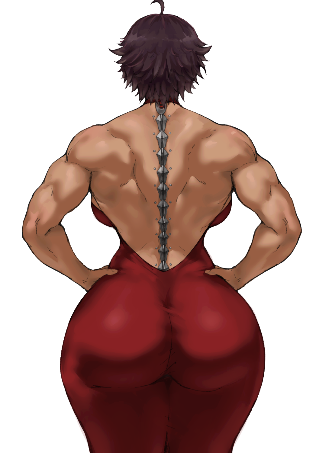 1girl ass ass_focus back batako_(batakoart) brown_hair dark-skinned_female dark_skin dress female_focus hands_on_own_hips highres munana_idris muscular muscular_arms muscular_back muscular_female original red_dress short_hair simple_background tagme white_background