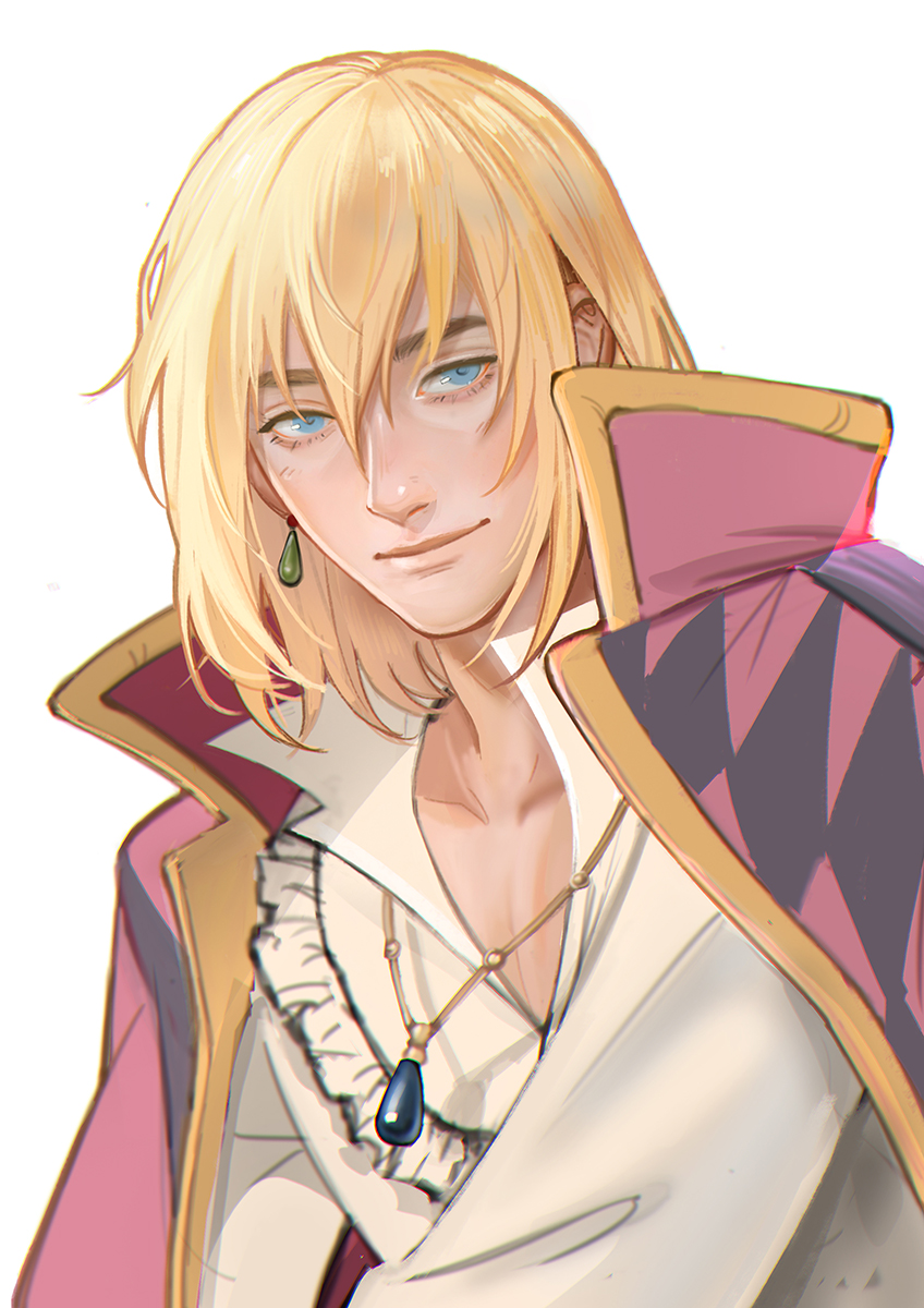 1boy blonde_hair blue_eyes cape collared_cape collared_shirt commentary earrings english_commentary hair_between_eyes highres howl_pendragon howl_no_ugoku_shiro jewelry looking_at_viewer lower_eyelashes_only male_focus mistermagnolia necklace open_collar patterned_clothing piercing pink_cape popped_collar shirt simple_background single_earring solo upper_body white_background white_shirt yellow_trim