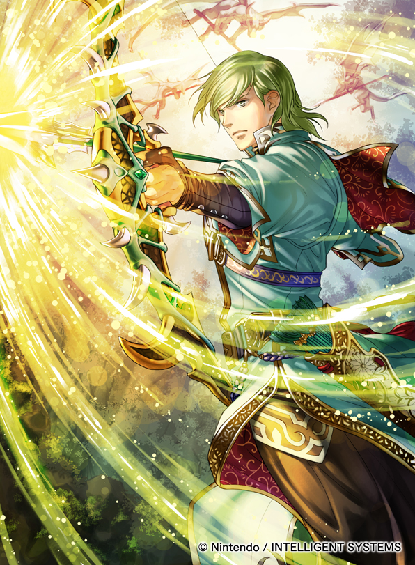 1boy aiming arrow_(projectile) bow_(weapon) commentary_request company_name fire_emblem fire_emblem:_the_sacred_stones fire_emblem_cipher glowing glowing_arrow green_eyes green_hair holding holding_arrow holding_bow_(weapon) holding_weapon innes_(fire_emblem) kita_senri male_focus nintendo official_art quiver solo weapon