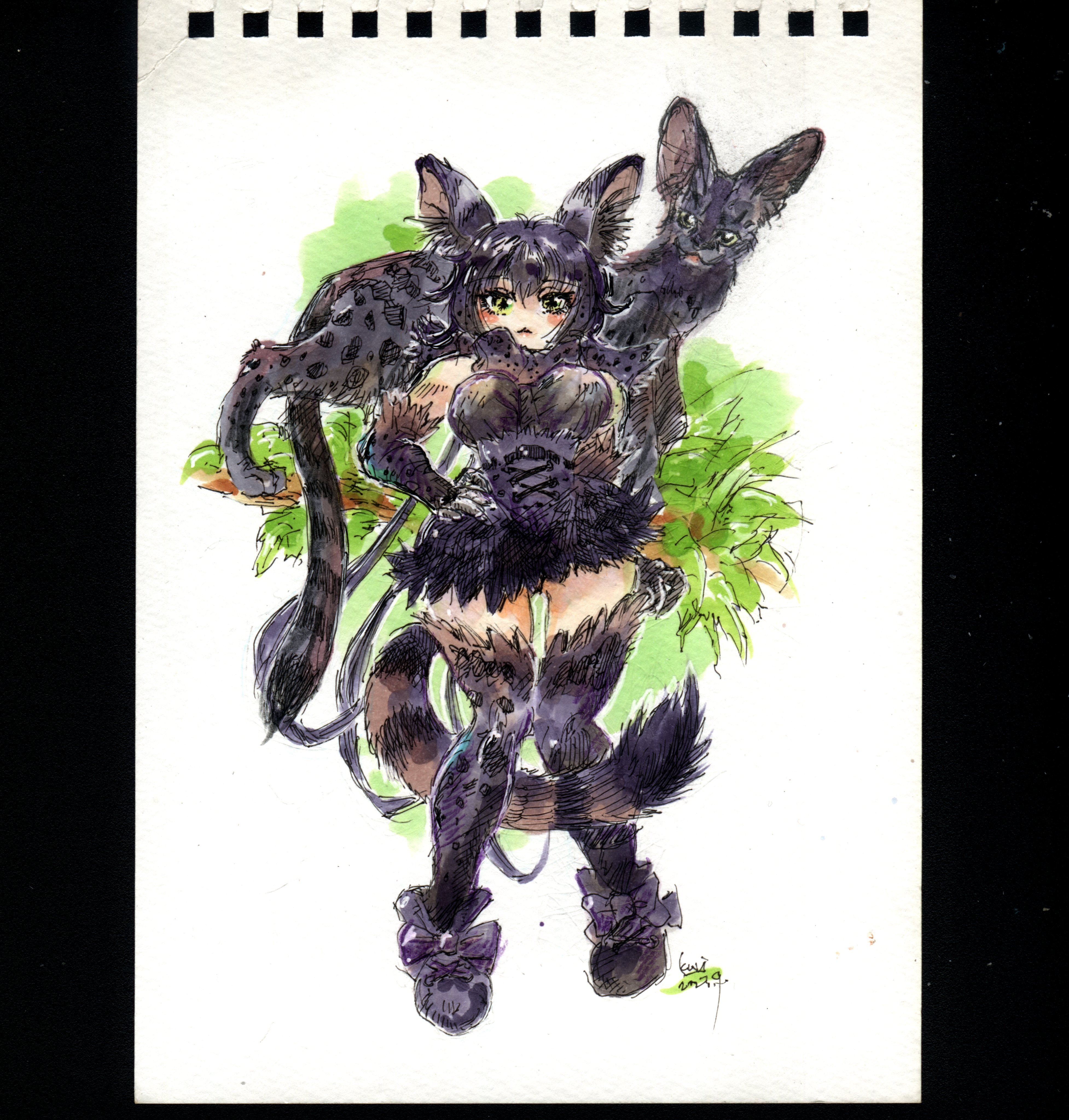 1girl absurdres animal_ears black_serval_(kemono_friends) elbow_gloves gloves highres kemono_friends kuri_no_sato serval serval_ears signature tail thighhighs traditional_media