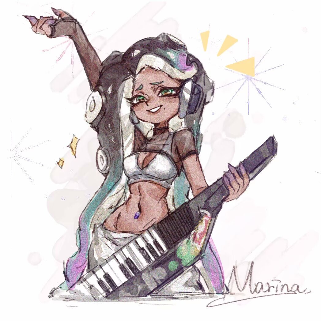 1girl arm_up black_hair breasts cephalopod_eyes character_name cleavage colored_tips commentary_request cropped_legs furrowed_brow green_eyes gucandiyi52092 headphones holding holding_instrument instrument keyboard_(instrument) keytar long_hair marina_(splatoon) marina_(springfest)_(splatoon) medium_breasts mole mole_under_mouth multicolored_hair navel_piercing nintendo octoling pants piercing purple_hair smile solo sparkle splatoon_(series) splatoon_3 standing teeth tentacle_hair very_long_hair white_background white_pants