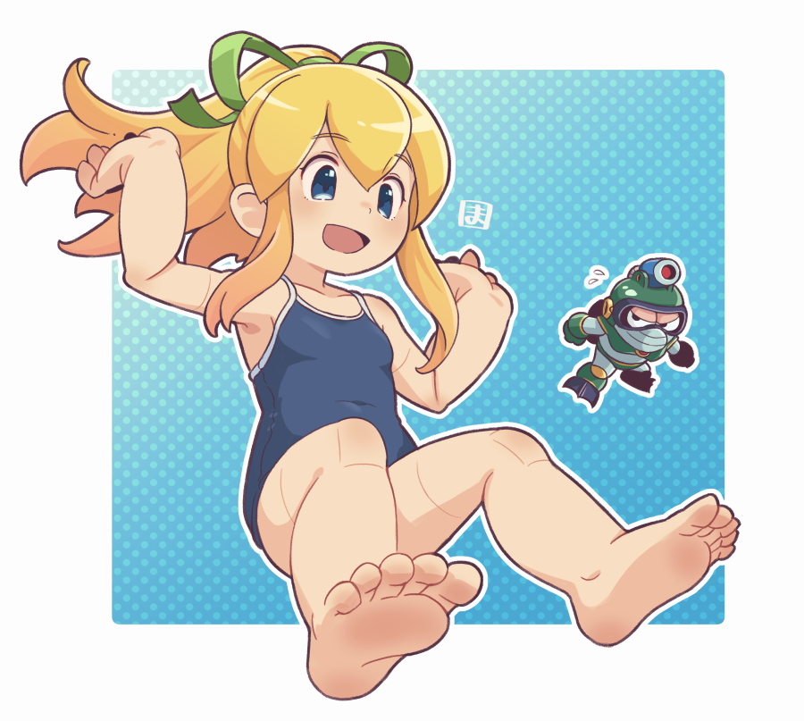 1girl android arm_up bare_arms bare_legs bare_shoulders barefoot blonde_hair blue_background blue_eyes blue_one-piece_swimsuit border breasts commentary_request covered_navel flying_sweatdrops green_ribbon hair_between_eyes hair_ribbon hand_up long_hair mawaru_(mawaru) mega_man_(series) one-piece_swimsuit outline polka_dot polka_dot_background ponytail ribbon roll_(mega_man) small_breasts soles swimsuit white_border white_outline
