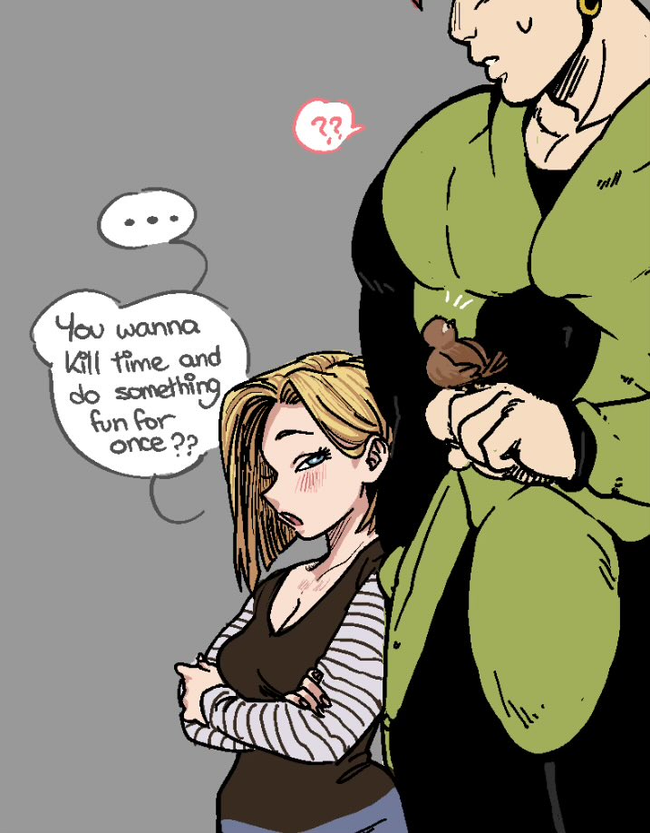 ... 1boy 1girl ? ?? android_16 android_18 armor asymmetrical_bangs bird bird_on_hand blonde_hair blue_eyes blush breasts cleavage commentary crossed_arms denim denim_skirt dragon_ball dragonball_z english_commentary english_text green_armor grey_background head_out_of_frame height_difference medium_breasts open_mouth short_hair skirt spacey speech_bubble striped_sleeves