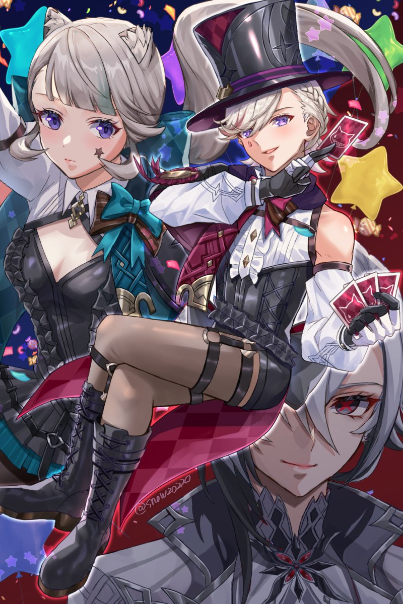 1boy 2girls animal_ears arlecchino_(genshin_impact) black_eyes black_footwear black_gloves black_hair black_shorts blonde_hair boots bow breasts brother_and_sister brown_thighhighs card cat_ears cat_girl closed_mouth coat facial_mark genshin_impact gloves grey_coat grey_hair grey_jacket hair_between_eyes hat highres holding holding_card jacket long_hair long_sleeves looking_at_viewer lynette_(genshin_impact) lyney_(genshin_impact) male_focus medium_breasts multicolored_hair multiple_girls purple_eyes red_pupils shirt short_hair shorts siblings smile snow20200 star_(symbol) star_facial_mark streaked_hair symbol-shaped_pupils teardrop_facial_mark thighhighs top_hat two-tone_hair white_hair white_shirt white_sleeves x-shaped_pupils