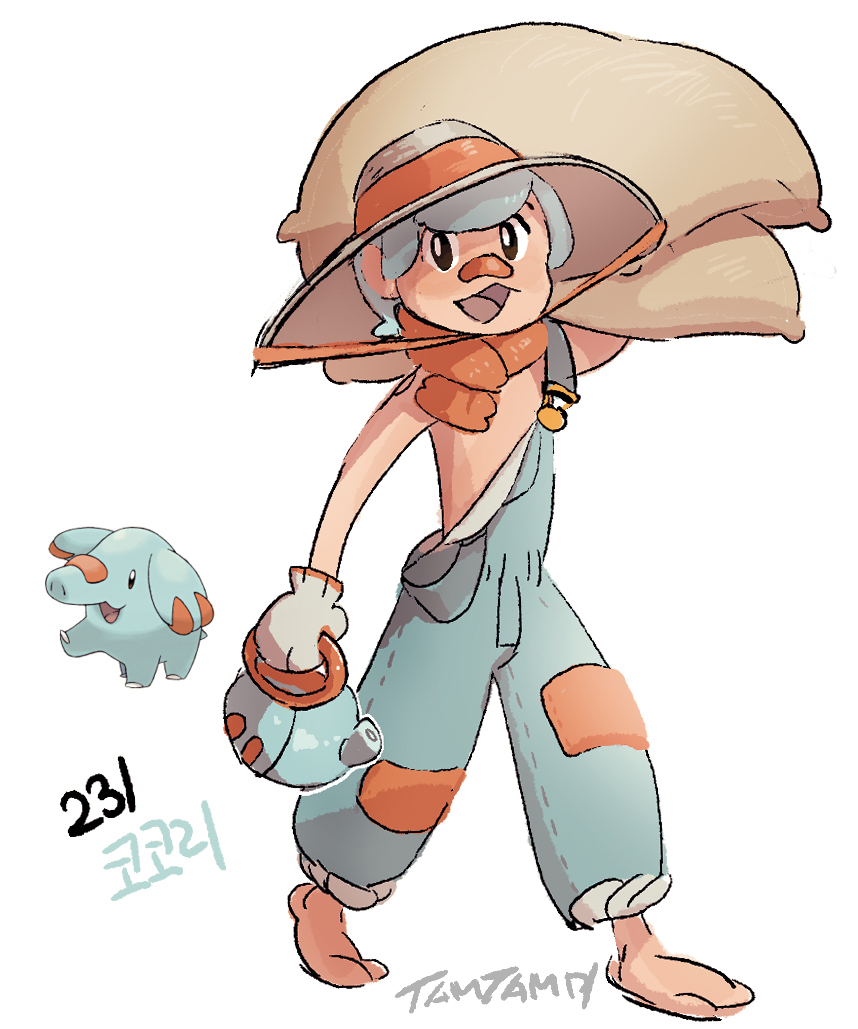 1boy bandaid bandaid_on_face bandaid_on_nose barefoot black_eyes blue_hair blue_overalls bright_pupils commentary farmer full_body game_freak gen_2_pokemon grey_hat hat holding holding_watering_can male_focus nintendo open_mouth orange_scarf overalls personification phanpy pokemon pokemon_(creature) reference_inset scarf short_hair signature simple_background tamtamdi translated watering_can white_background white_pupils