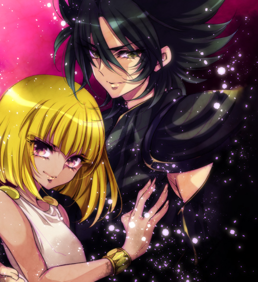 10s 1boy 1girl armor bad_id bad_pixiv_id black_eyes black_hair blonde_hair bracelet cape dark_skin dress jewelry kyan_(glira) pallas pink_eyes purple_eyes saint_seiya saint_seiya_omega titan_(saint_seiya_omega) yellow_eyes